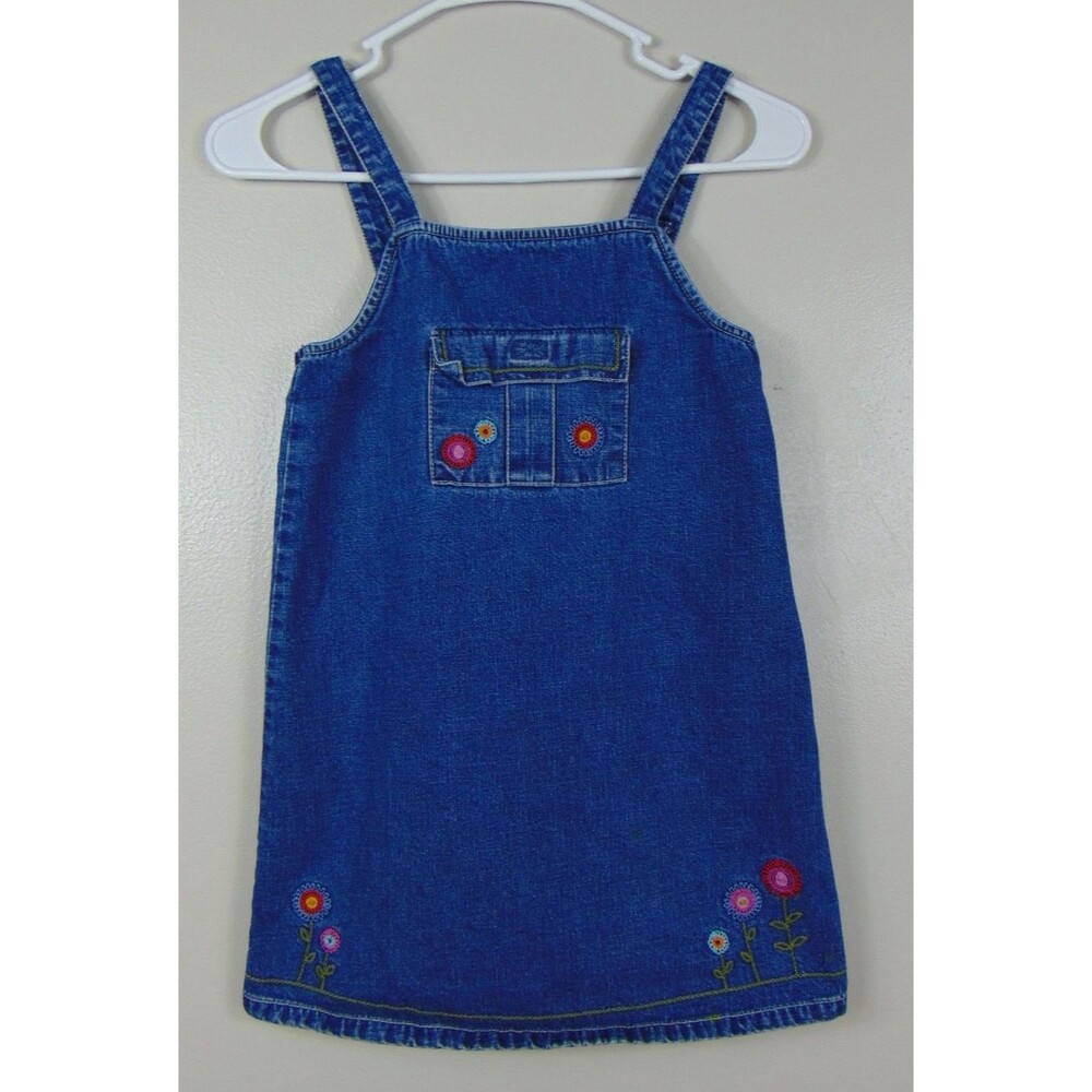 Vintage Gymboree Girl Dress Jumper Size 7 Blue Denim Embroidered 2000 Sleeveless